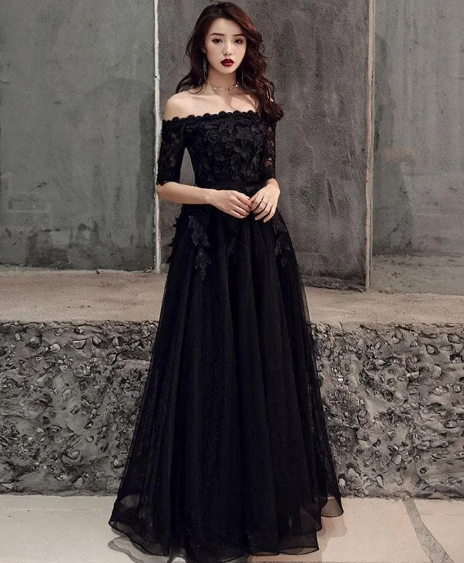 Black Tulle Lace Long Prom Dress, Black Tulle Evening Dress SP17331