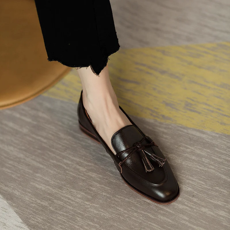 Breakj Breakj New Round Head Escrened Black Soft Bean Shoes Coarse Heel Low Heel Single Shoes Women's Casual Lefang Shoes Ladies Shoes