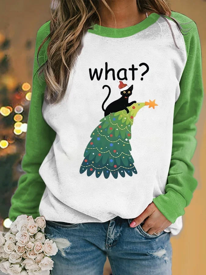Ladies Fun Cat Christmas Tree Print Sweatshirt