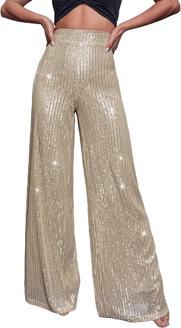 Women's Sequin Glitter Pants Flare Wide Leg Zirconium Pants  socialshop