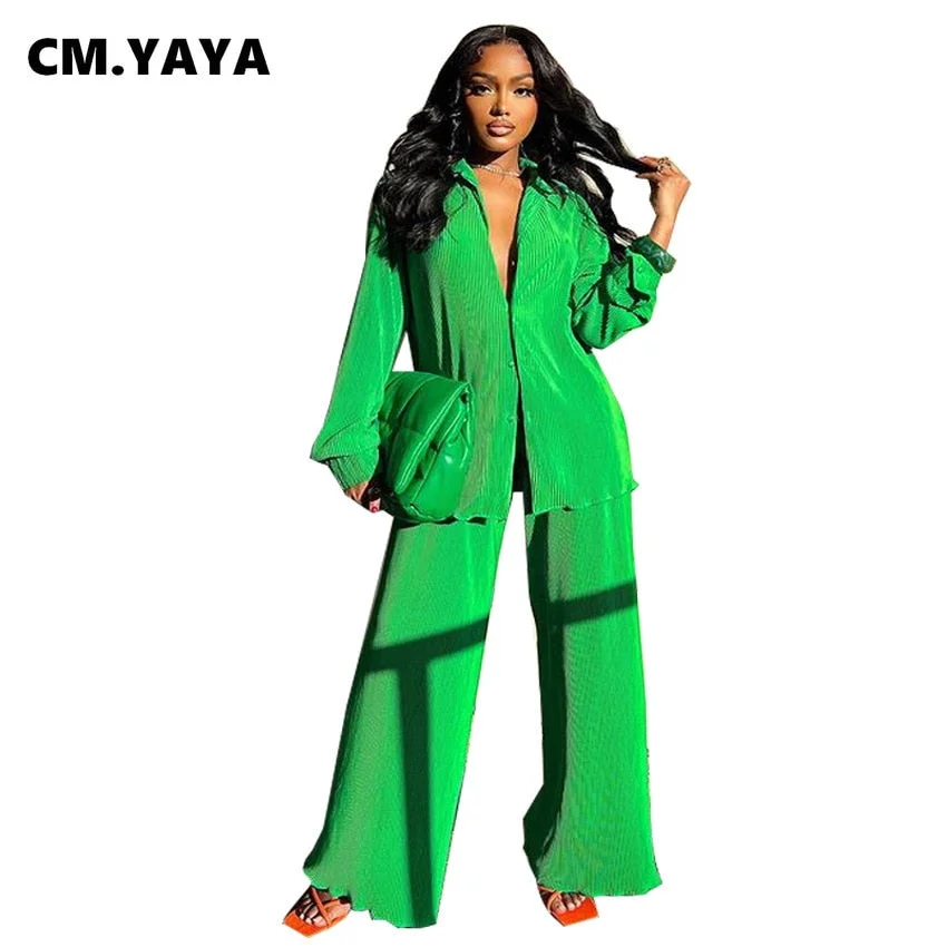 CM.YAYA Pleated Solid Women Set Long Sleeve Shirts and Straight Wide Leg Pants Suits Tracksuit Two Piece Set Fitness Outfits