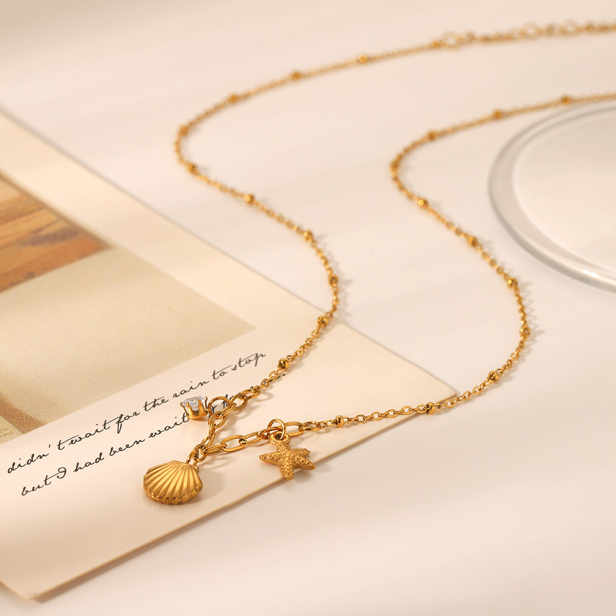 Stainless Steel Starfish Shell Zircon Pendant Necklace Niche Design Ocean Style Titanium Steel Clavicle Chain