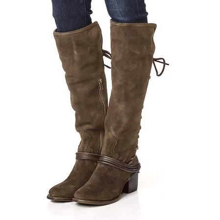 Women faux suede back lace chunky low heel knee high boots
