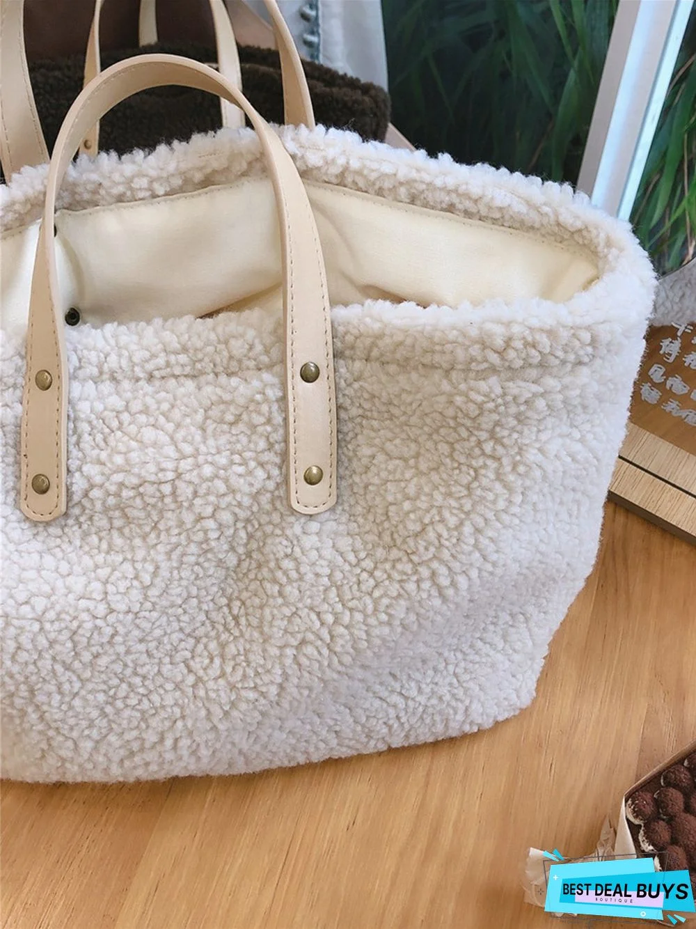 Pure Color Lambswool Large Capacity Handbag