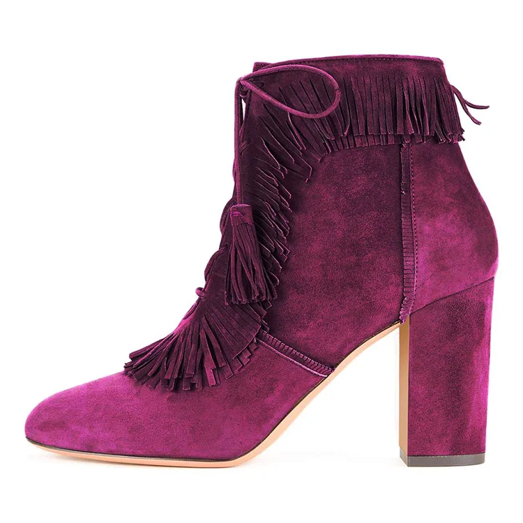 Purple Suede Lace-Up Tassel Fringe Chunky Heel Boots Vdcoo