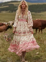 Women's Vintage Pink Rose Casual Linen V-neck Dress