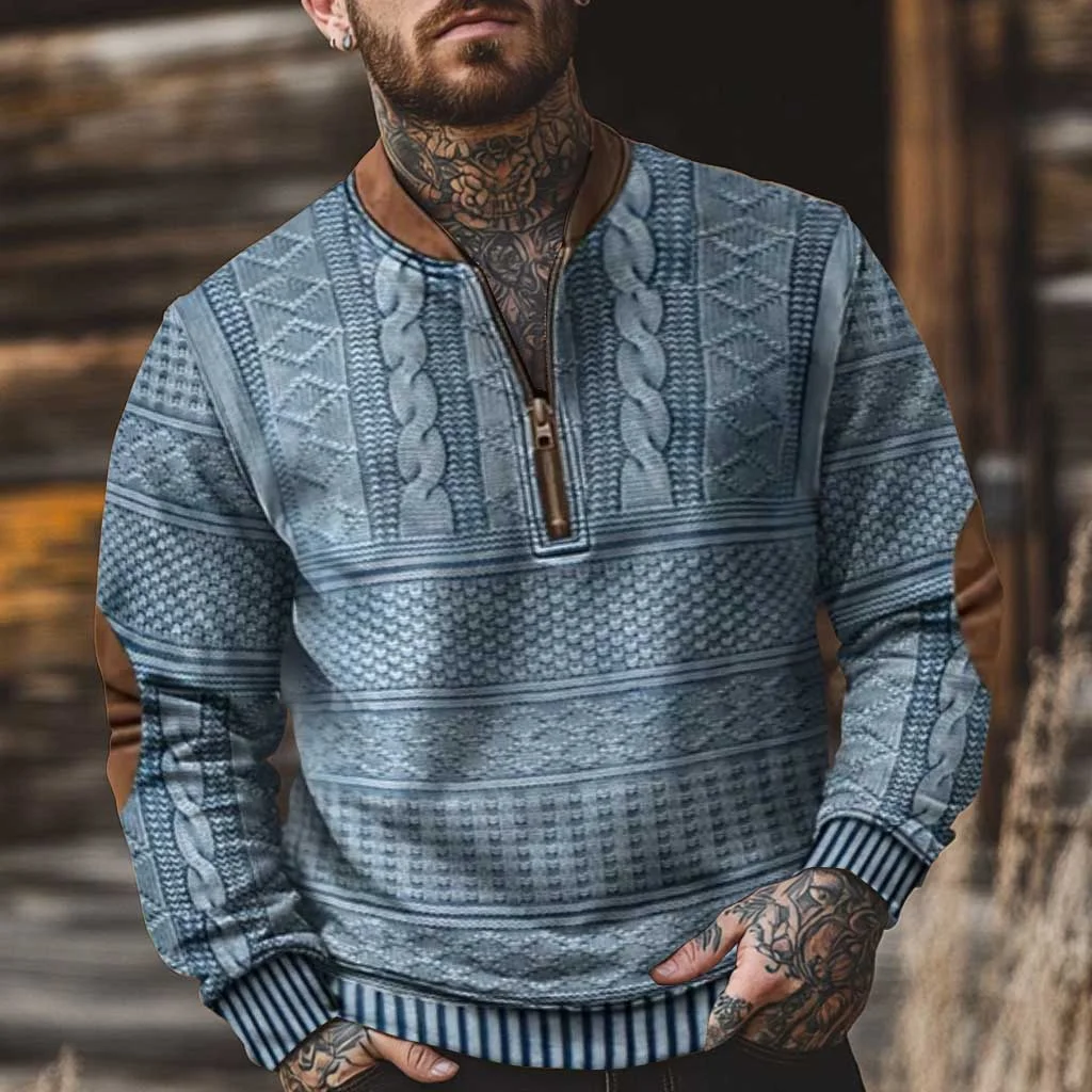 Men's Vintage 3D Print Knit Color Block Henley Zipper Long Sleeve Sweatshirt