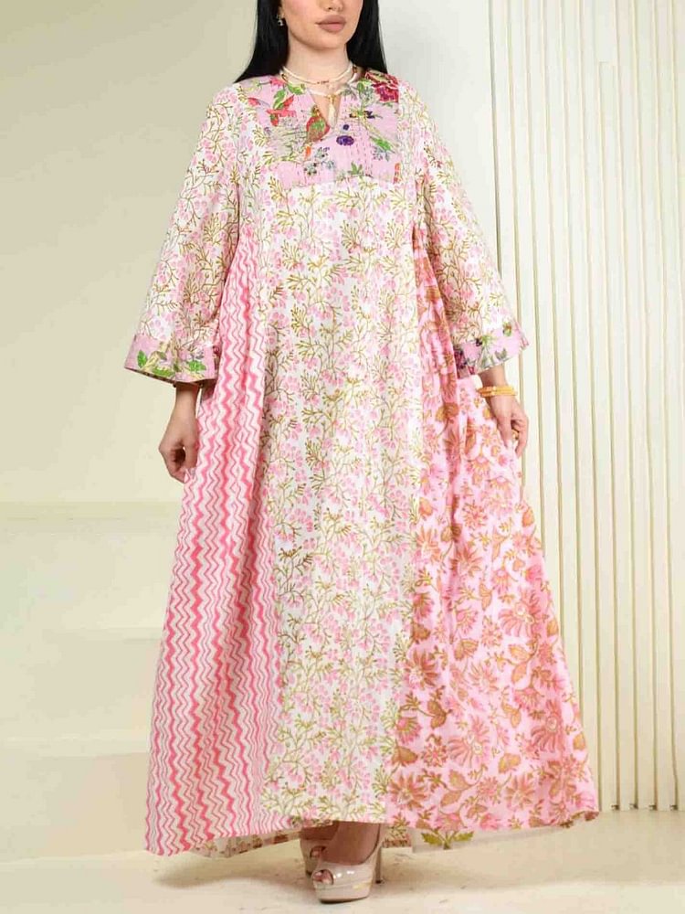 Sweety Floral Print V Neck Long Sleeve Gown