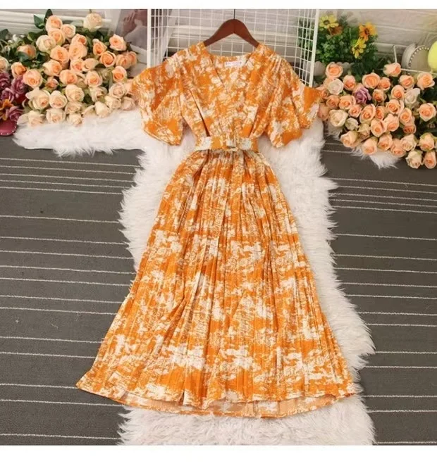 Athvotar Athvotar French Crumlom Dyed Summer New Waist Display Thin And Long Elegant Folded Chiffon Dress Holiday Woman