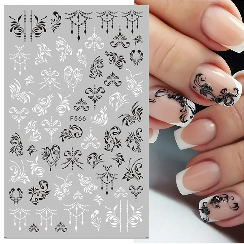 1PC Black White Leaves Flower 3D Nail Stickers Tropical Plants Mandala Leaf Geometry Transfer Decals Nail Art Decorations-Nail Inspo