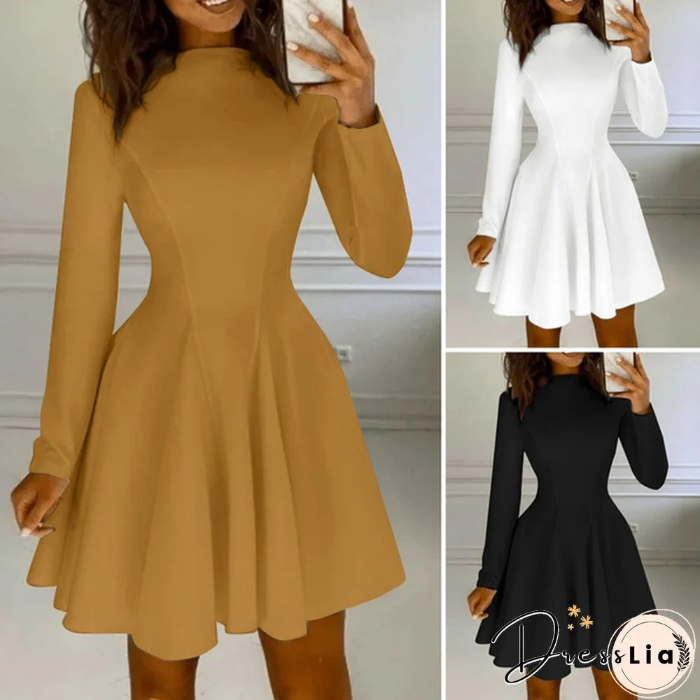 Women Long Sleeve Mock Neck Skater Dress Club Mini Dress