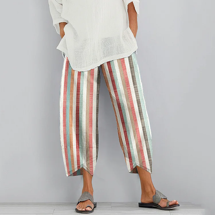 Vintage Color Block Stripes Cotton And Linen Casual Pants
