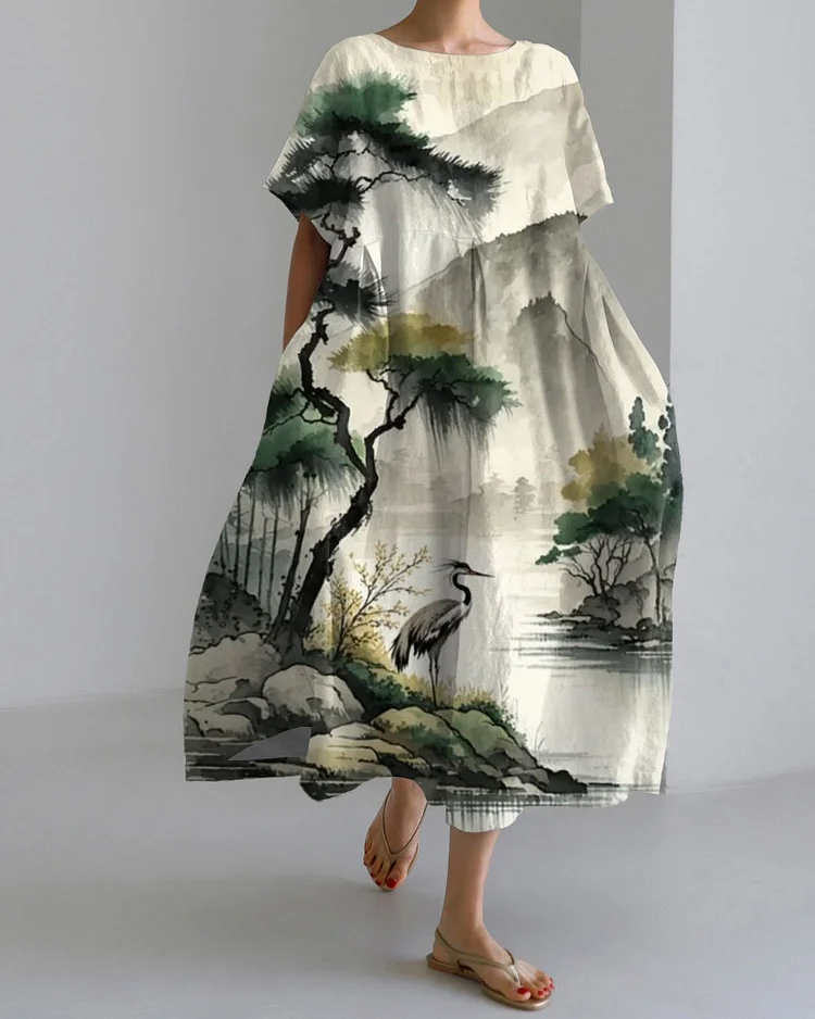 Feihe Landscape Print Short Sleeve Midi Dress
