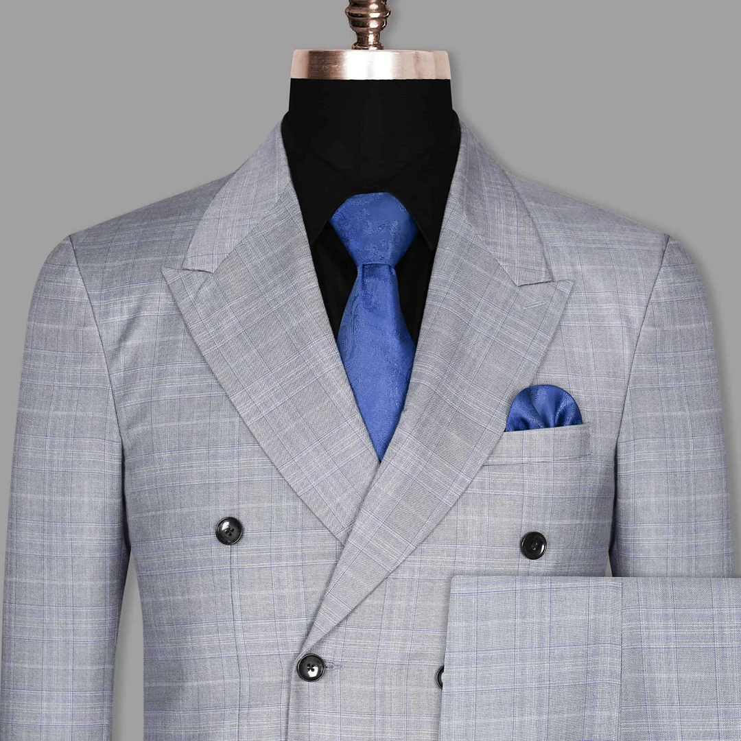 Aluminum Grey with Subtle Purple Checked Double Breasted Suit