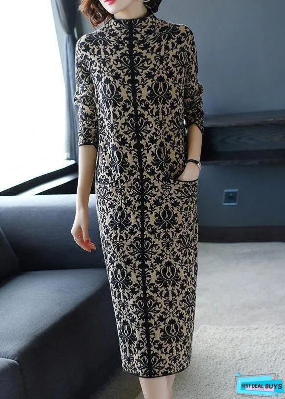 Slim Fit Navy Stand Collar Print Pockets Long Knit Dress Winter
