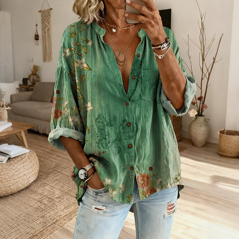 Ethnicity Geometry Flowers Green Women's Vintage Art Print Casual Cotton And Linen Shirt elevenforest