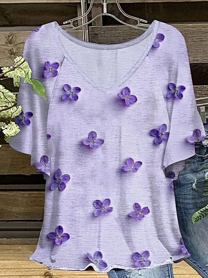 Women's Alzheimer's Disease Flowers Print V-Neck Ruffle Sleeve T-Shirt
