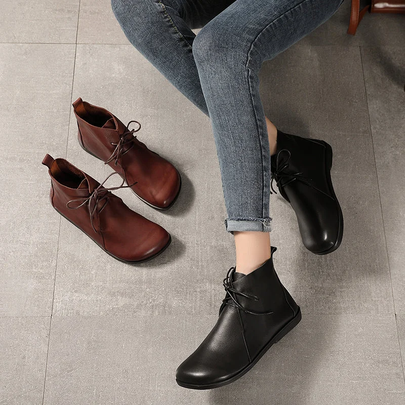 Handmade Soft Leather Ankle Boots Retro Round Toe Short Boots Women Mori Girl Boots