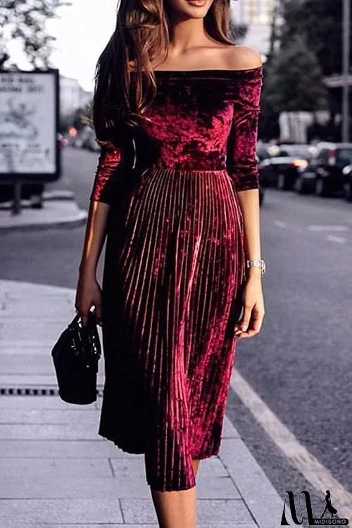 Velvet Off Shoulder Pleated Dress