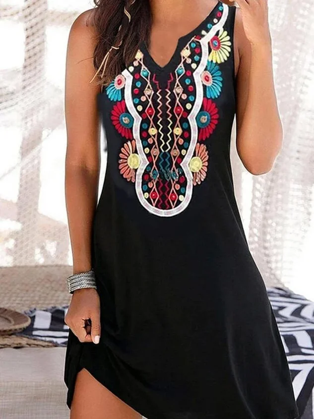 JFN V Neck Floral Tribal Casual Mexican Dress