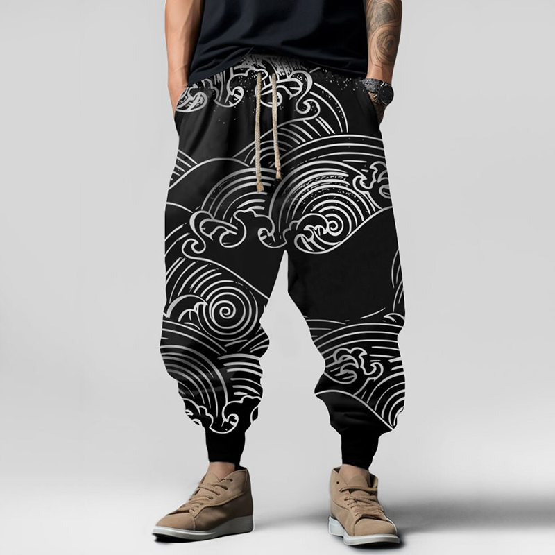 Comstylish Vintage Japanese Wave Art Print Pattern Casual Loose Drawstring Waist Sweatpants