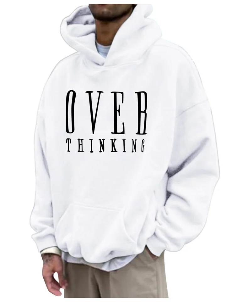 Padded Pullover Crew Neck Drawstring Large Version Drop Shoulder Hooded Sweatshirt Men's Over Thinking Printed Pullover