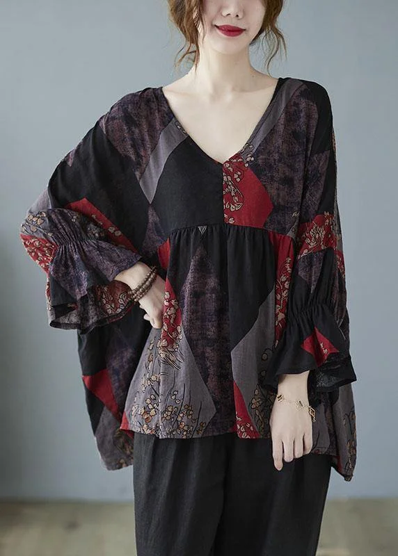 diy Ruffles flare Sleeve Print V Neck Tops