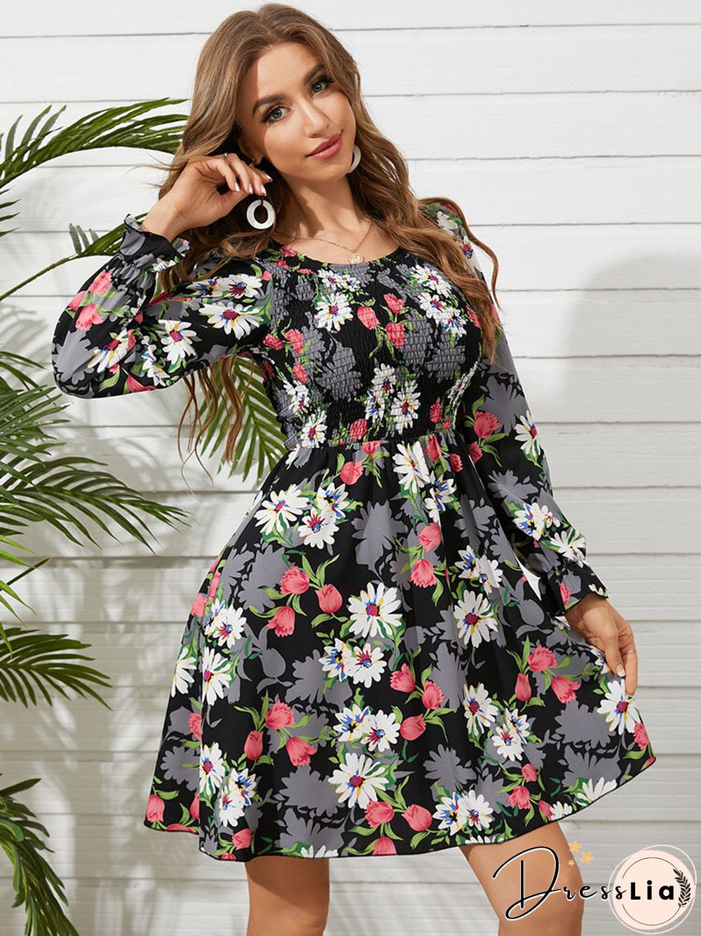 Flower Print Shirred Crew Neck Long Sleeve Dress