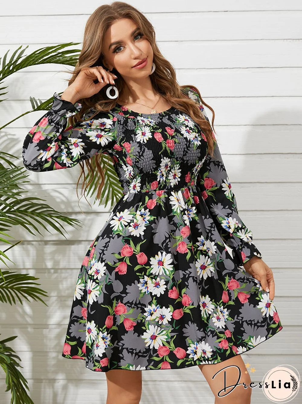 Flower Print Shirred Crew Neck Long Sleeve Dress