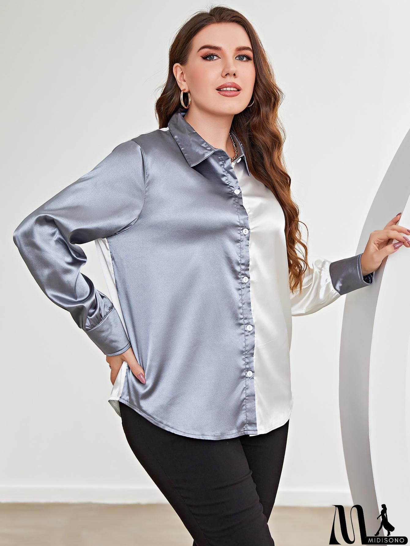 MidiSono - Plus Size Two-Tone Long Sleeve Shirt