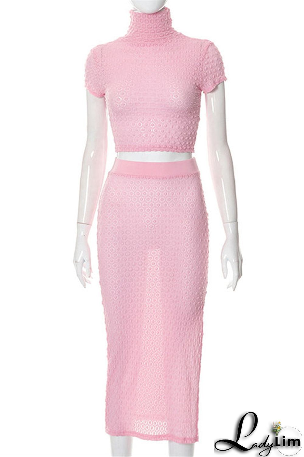 Pink Fashion Casual Solid Patchwork Slit Turtleneck Short Sleeve Two Pieces