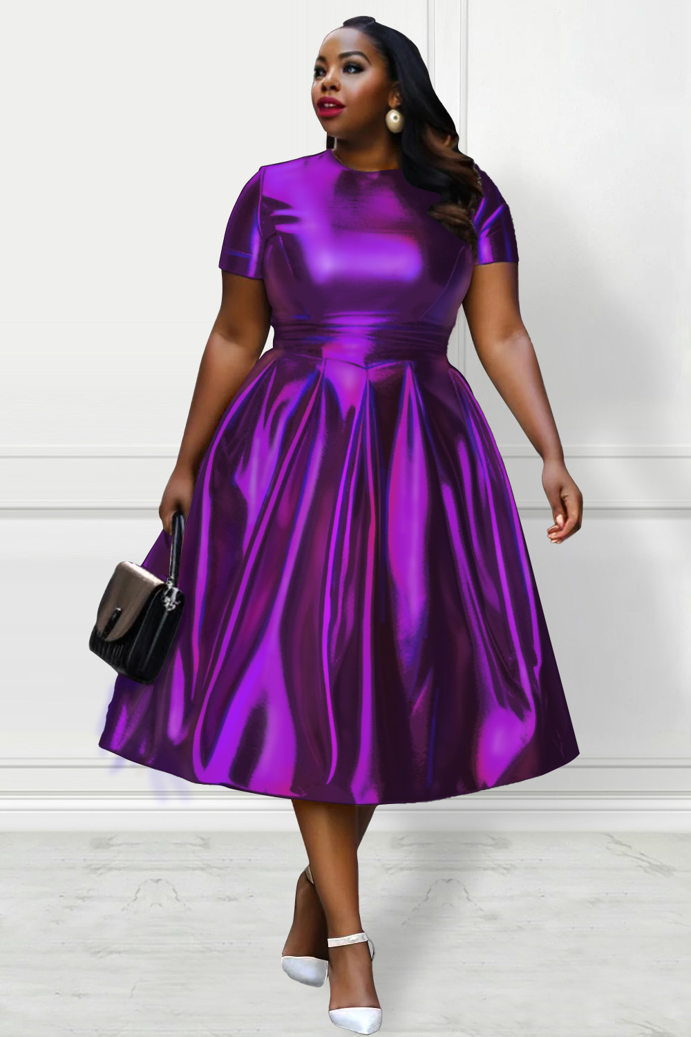 Design Plus Size Party Midi Dresses Elegant Purple Fall Winter Crew Neck Short Sleeve Fold A-Line Metallic Glitter Fabric Midi Dresses