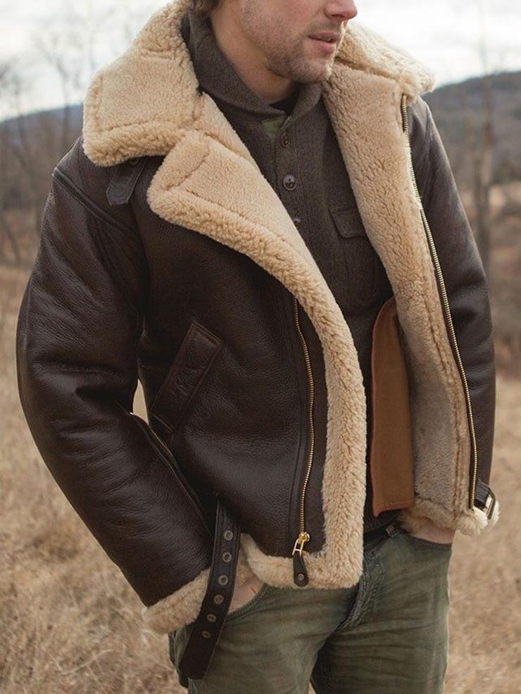 Men's thick leather fur jacket