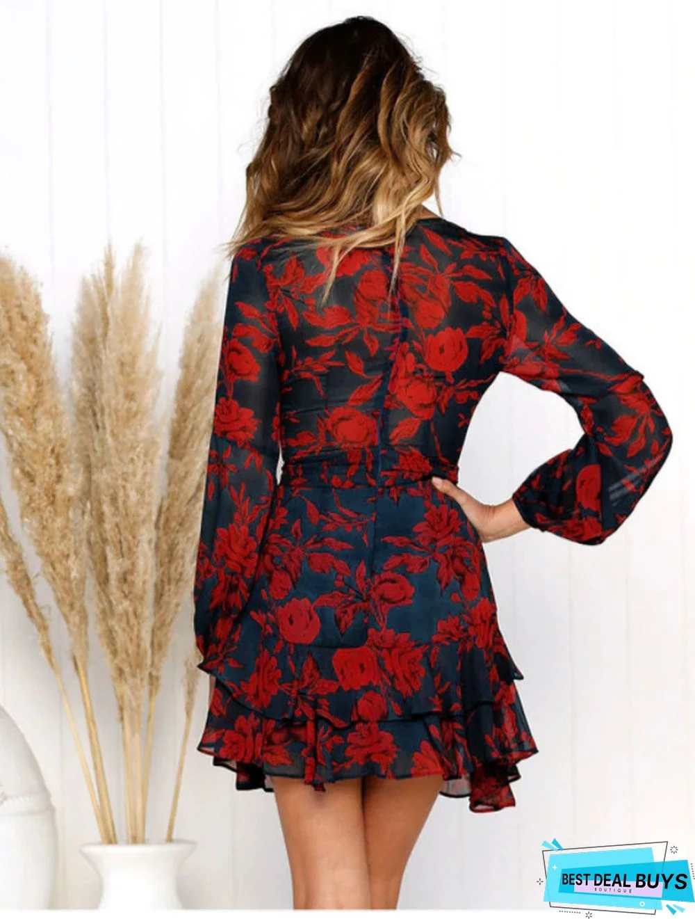 V-Neck Print Dress Rose Print Long Sleeve Dress Black Dresses