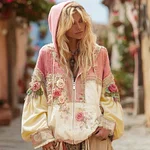 Women's Floral Embroidery Color Block Boho Casual Zip-up Hoodie - Image 4