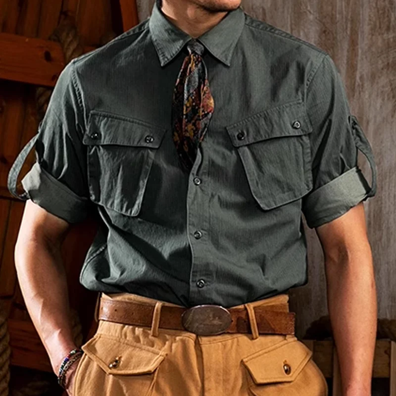 American Retro Military Workwear Three Quarter Sleeve Shirt