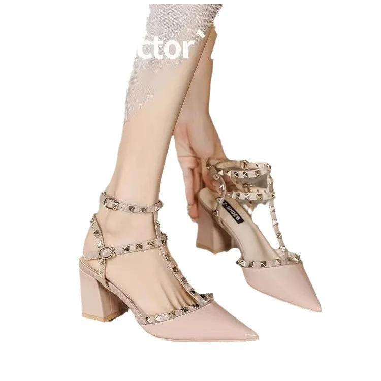 Breakj Breakj Set 2025 Pointed Rivet Shoes Tip Coated Roman Sandals Women Wear Fashion Comfortable Retro Women's Shoes