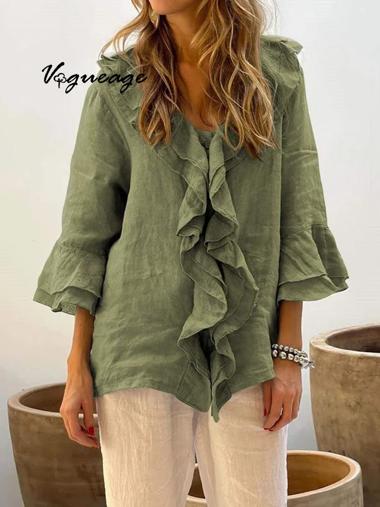 Solid Color V-Neck Flying Sleeves Ruffle Curved Hem Women's Cardigan Top
