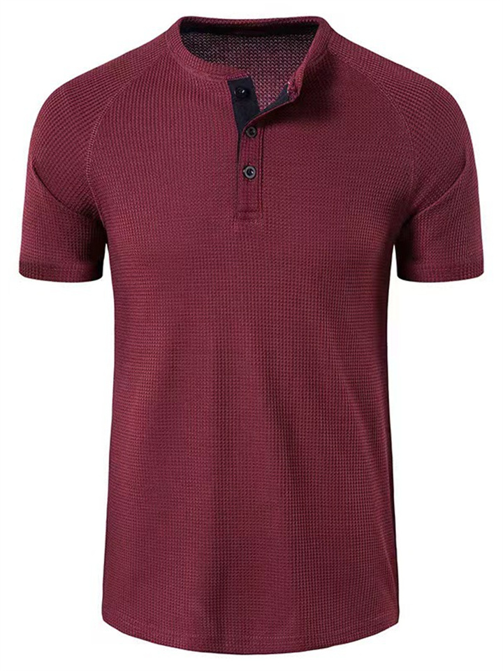 Men's Sports Casual Solid Color Tops Waffle Round Neck Buttons Shoulder Sleeve Short Sleeve T-shirt Men's Henley Shirt