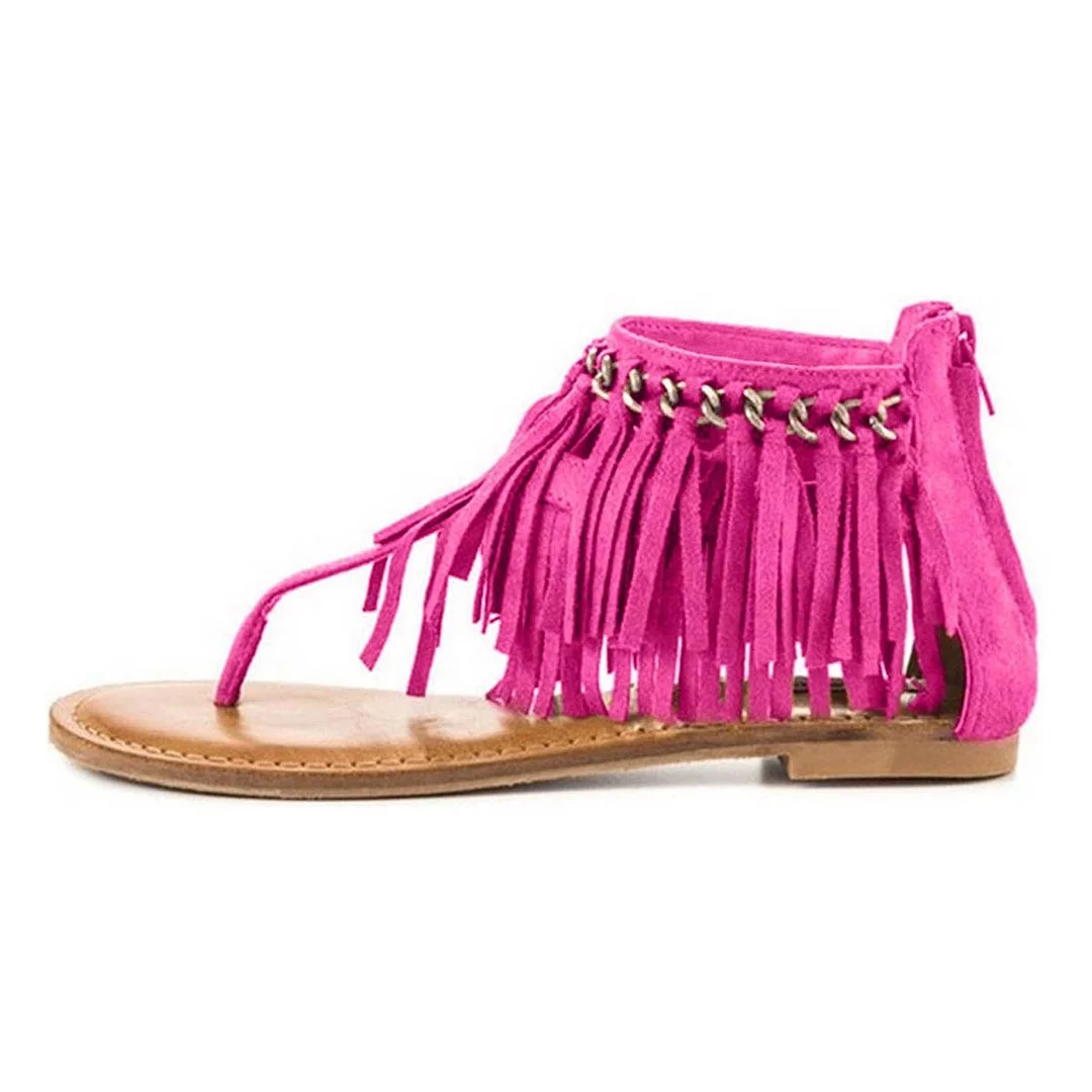 Fuchsia Round Toe Boho Flip Flop Chain Tassel Flat Sandals for Women