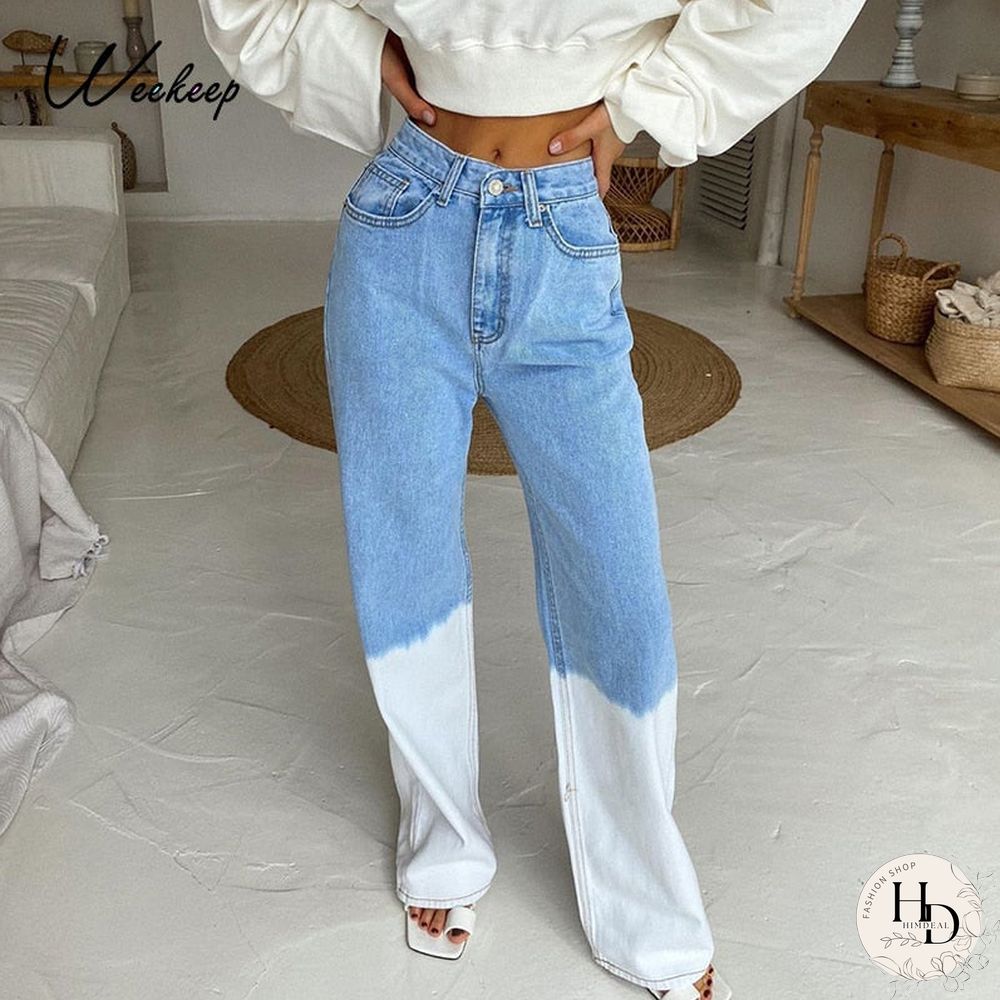 Weekeep Tie Dye Streetwear Fashion Long Jeans Straight Pants 90S Vintage Buttons Fly Cargo Denim Pants Women High Waist Trousers