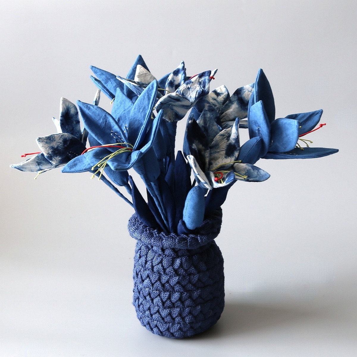 Handmade Blue Dye Cloth Art Lily Flower Arrangement Home Decor