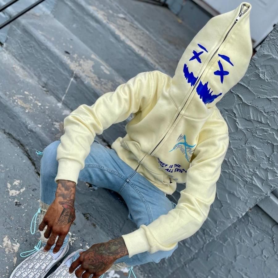 Funny Smiley Print Men's Hip Hop Zip Up Hoodie Coat-VESSFUL