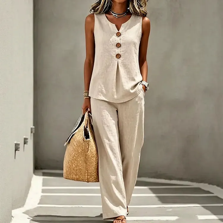 🏆 Best-Seller- Women's 2-Piece Set: V-Neck Button-Front Sleeveless Top & Trousers