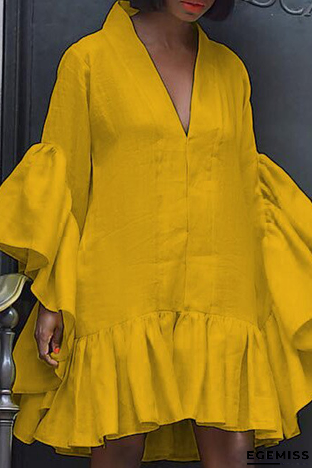 Yellow Casual Solid Patchwork V Neck Cake Skirt Dresses | EGEMISS