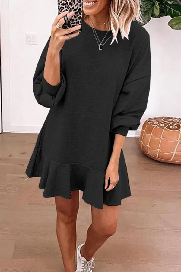 Lantern Sleeve Solid Ruffle Hem Dress