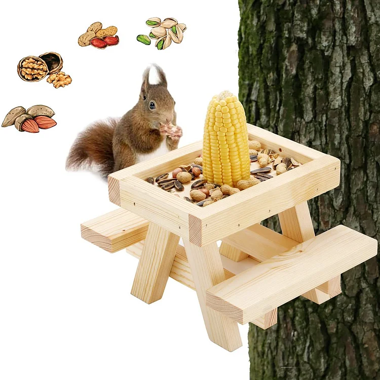 Wooden Squirrel Picnic Table Feeder for Outside Funny