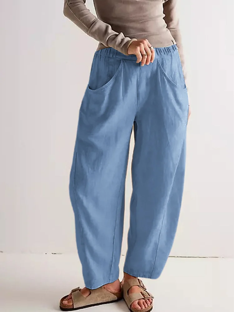 Solid Color Big Pocket Linen Blend Casual Pants