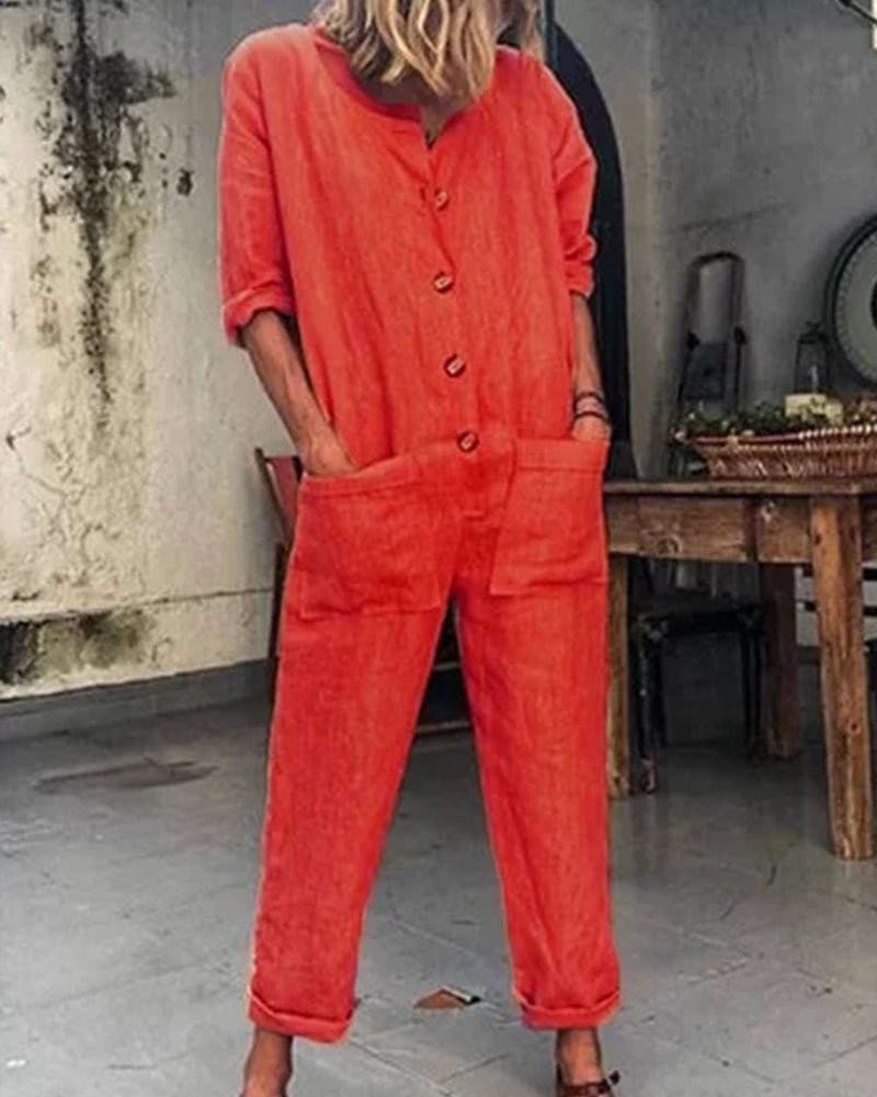 Pocket Long Sleeve Solid Jumpsuit