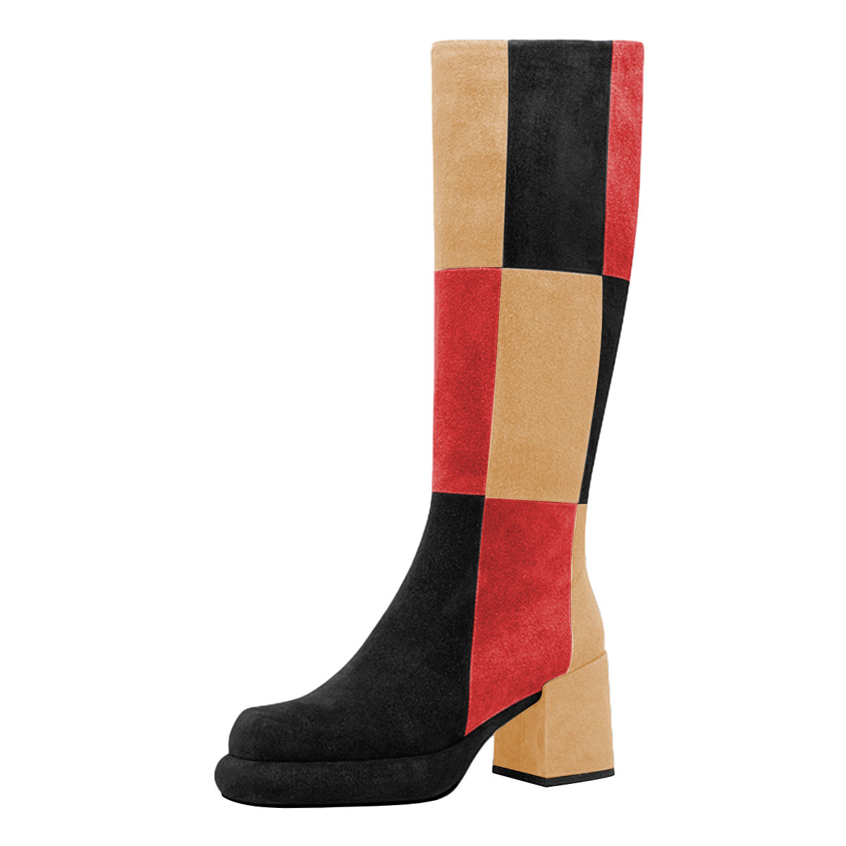 Multicolor Patchwork Zipper Platform Chunky Heel Knee-High Tall Boots Nicepairs